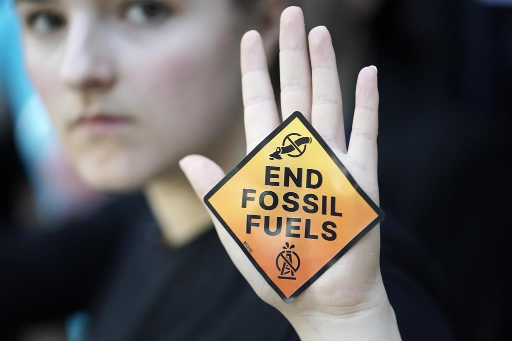 A demonstrator displays a sign reading "end fossil fuels" at the COP28 U.N. Climate Summit, Saturday, Dec. 2, 2023, in Dubai, United Arab Emirates