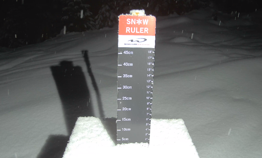 The snow ruler at Whistler-Blackcomb shows less than five centimetres of snow the morning of Dec. 21, 2023.