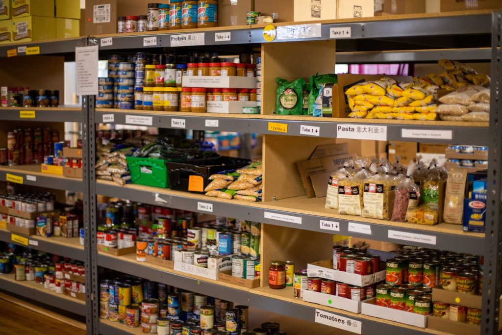Grocery items at a food bank.