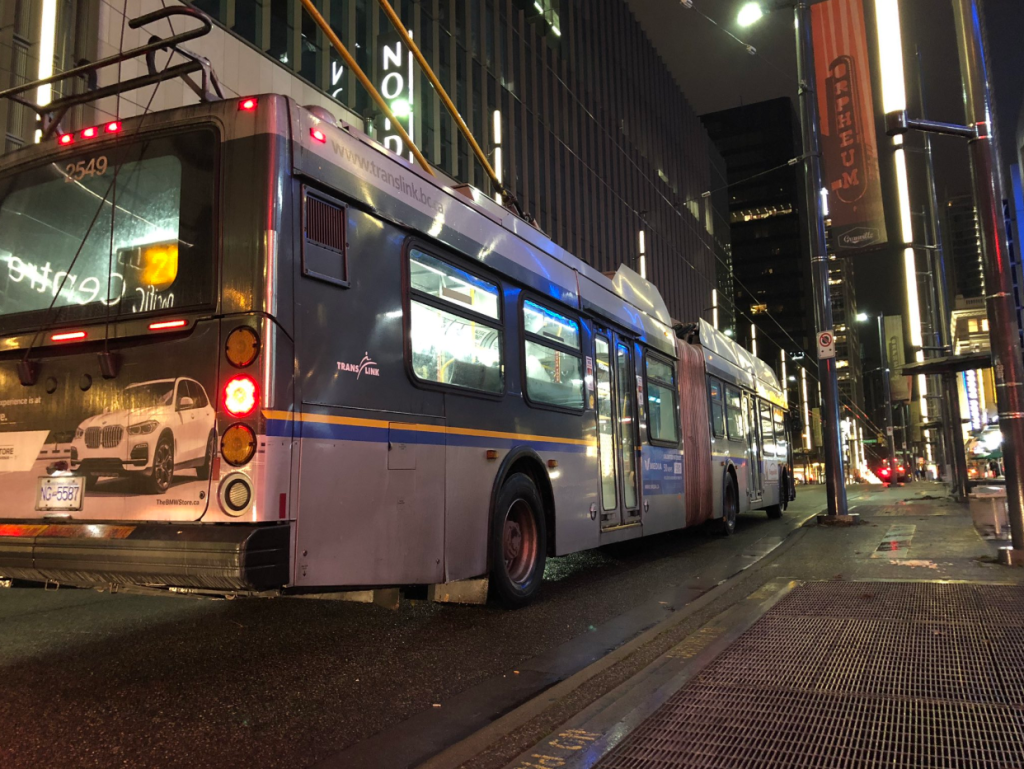 FILE Photo - A TransLink trolley bus, operated by Coast Mountain Bus Company, in downtown Vancouver on a rainy November morning in 2019.