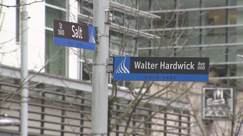 The intersection of Salt Street and Walter Hardwick Avenue in Vancouver.