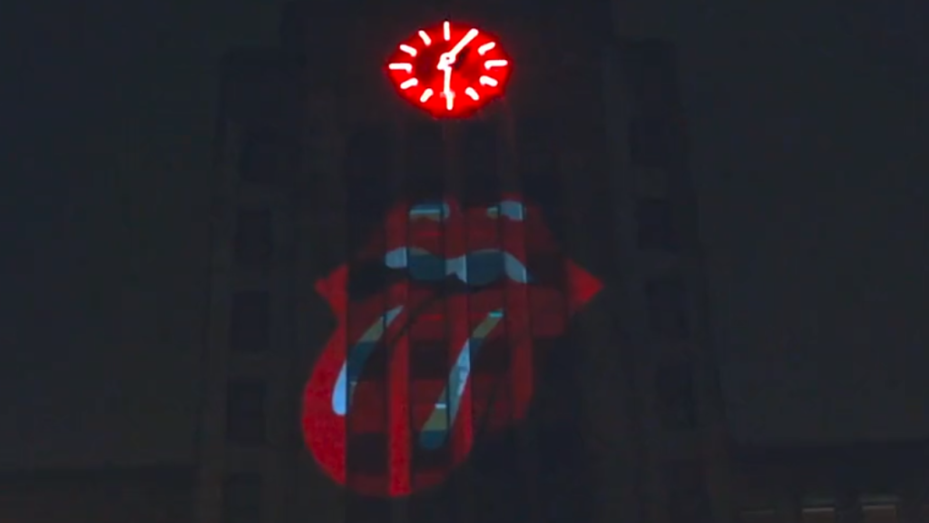 The Rolling Stones logo on Vancouver City Hall in November 2023