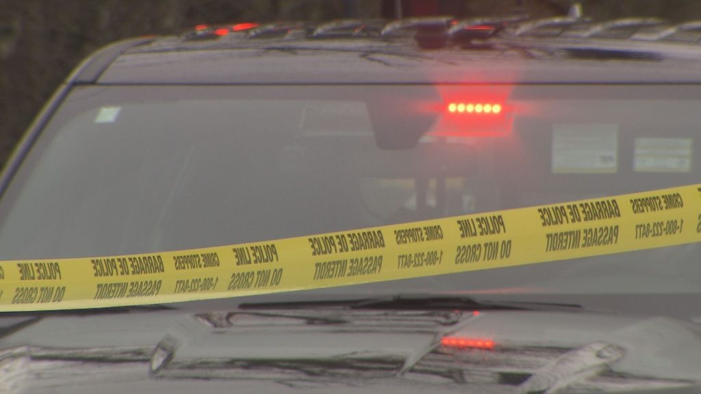 Police tape and an RCMP cruiser in the area of Dewdney Trunk Road and 248 Street after a reported shooting in Maple Ridge the morning of Jan 5, 2024