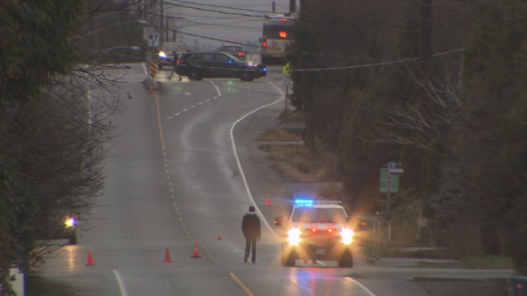 Ridge Meadows RCMP officers in the area of Dewdney Trunk Road and 248 Street after a reported shooting in Maple Ridge the morning of Jan 5, 2024