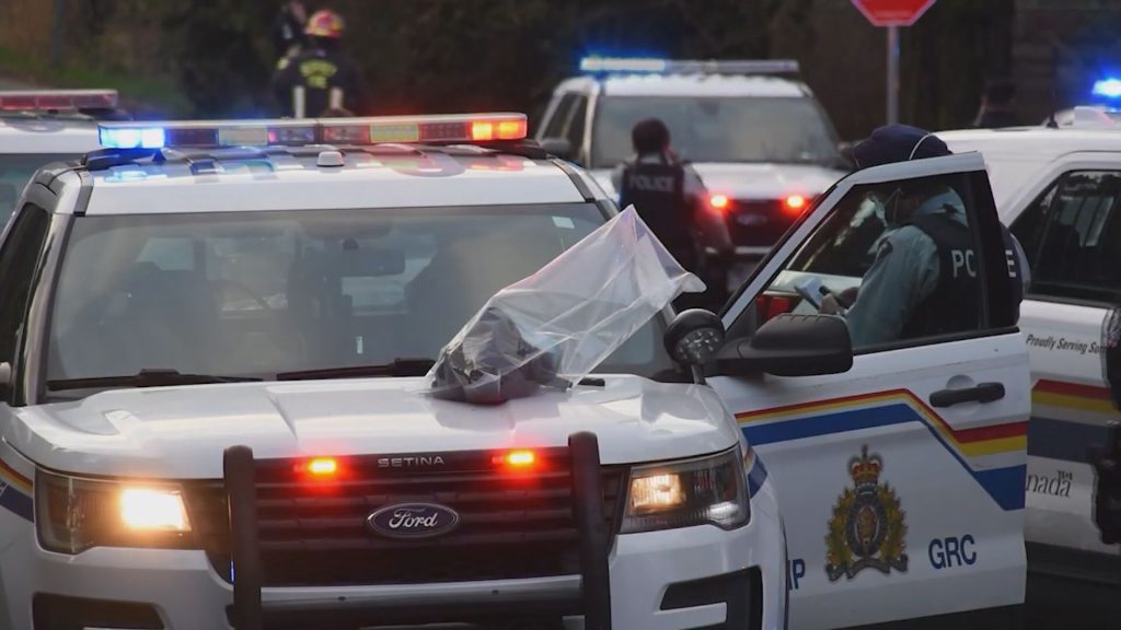 Mounties in Surrey say they are investigating reports of the theft of a vehicle at gunpoint Sunday afternoon which resulted in one officer being taken to hospital