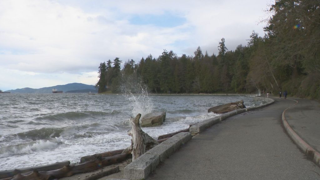 Waves crash against the seawall in Vancouver's Stanley Park