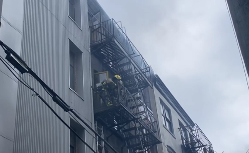 VFRS crews at the scene of a fire on E. Cordova Street in Vancouver's Downtown Eastside on Wednesday, Jan. 10, 2024.