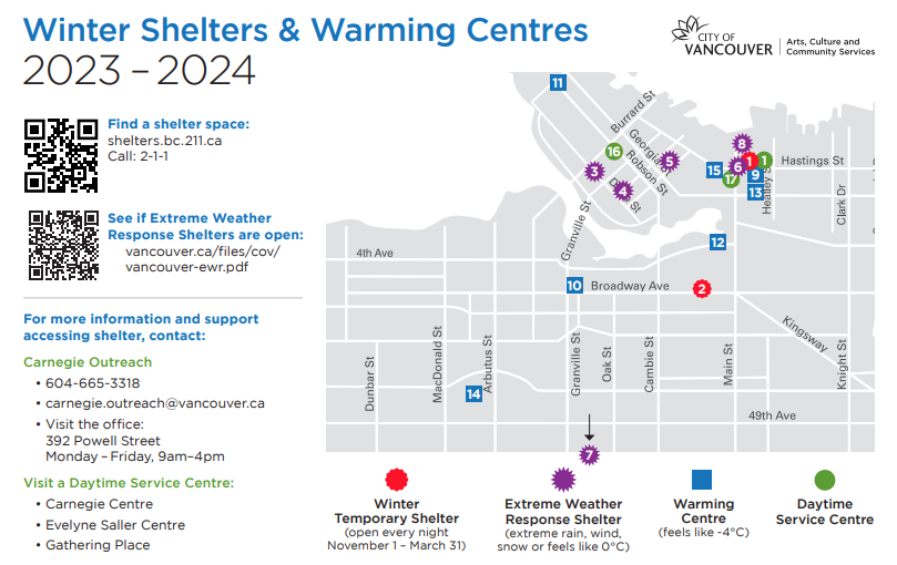 A map showing warming centres and shelters in Vancouver