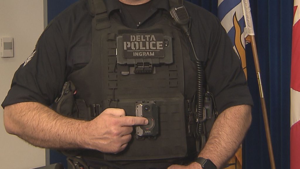 Police agencies across British Columbia display body-worn cameras at Surrey RCMP headquarters