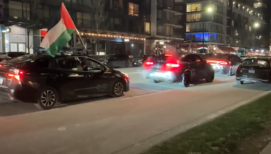 Pro-Palestinian rallies are continuing in Vancouver, despite the cold weather, and it appears some protestors took to their cars Friday evening.