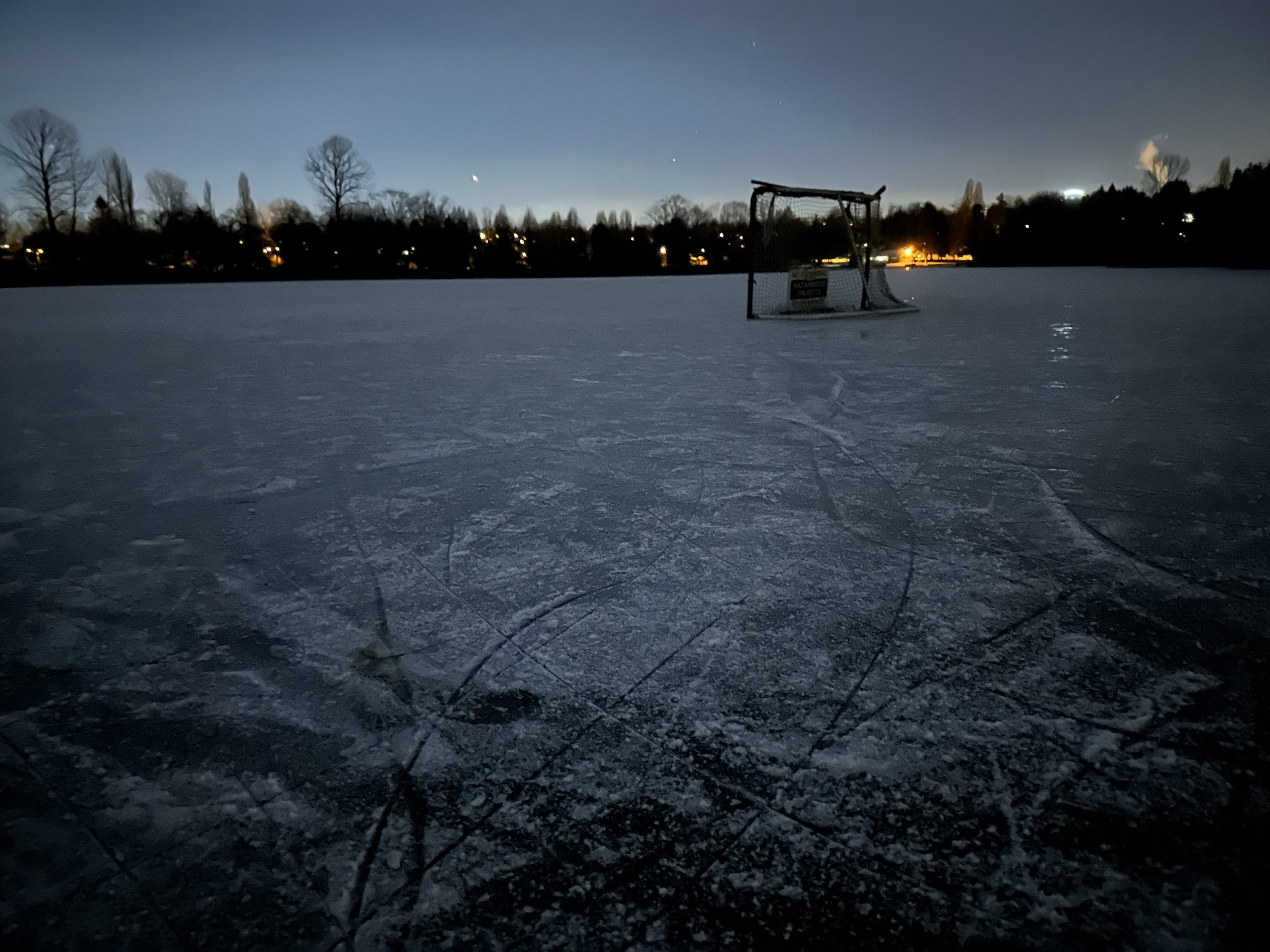 There is a latticework of blade marks on a Vancouver lake after people took to the ice to take advantage of a rare opportunity. (Mike Lloyd / CityNews)