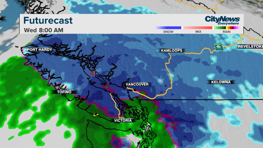 A snowfall warning was issued early Tuesday for Metro Vancouver, the western Fraser Valley, the Sea-to-Sky corridor and much of Vancouver Island. CityNews Meteorologist Michael Kuss expects the heaviest of the snow during Wednesday morning's commute. (CityNews Image)