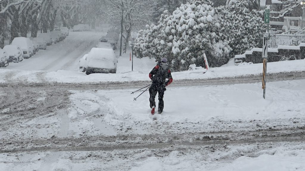 A skier, Joel, takes advantage of Wednesday's snowstorm to get around in Metro Vancouver.