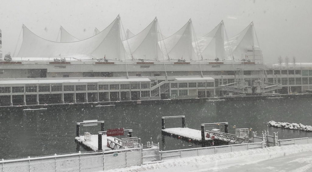 Snow in Vancouver around Canada Place on Wednesday, Jan. 17, 2024.