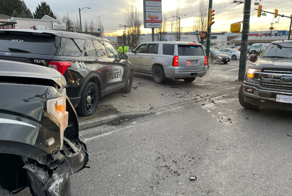 Several Vancouver Police cruisers stopped in the area of Main Street and Marine Drive after a taxi was allegedly stolen and one person was arrested