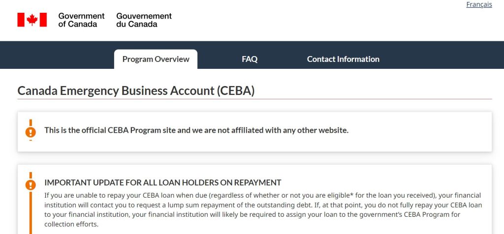 Zrzut ekranu strony głównej CEBA na stronie internetowej rządu Kanady.