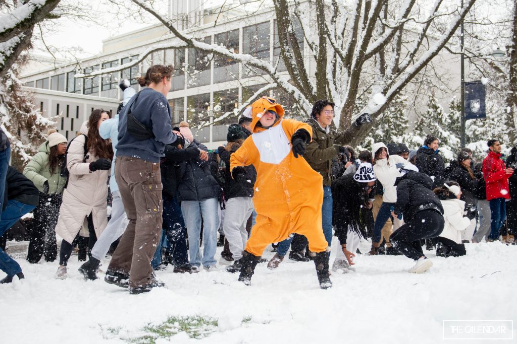 Students at the University of British Columbia gathered on Jan. 18, 2024 for a snowball fight, on a day when classes were cancelled due to snow. (Photo by @mediahaus/Cassidy Chen)