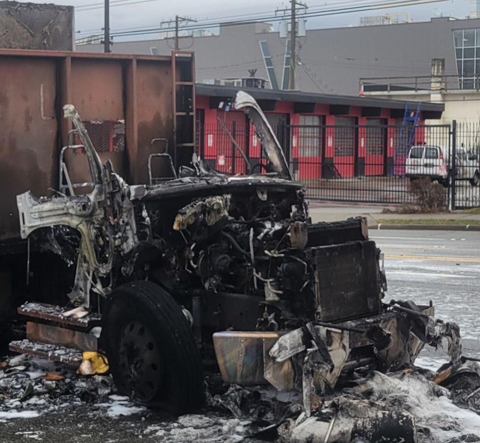 The aftermath of a semi-truck fire in East Vancouver on Jan. 26, 2024