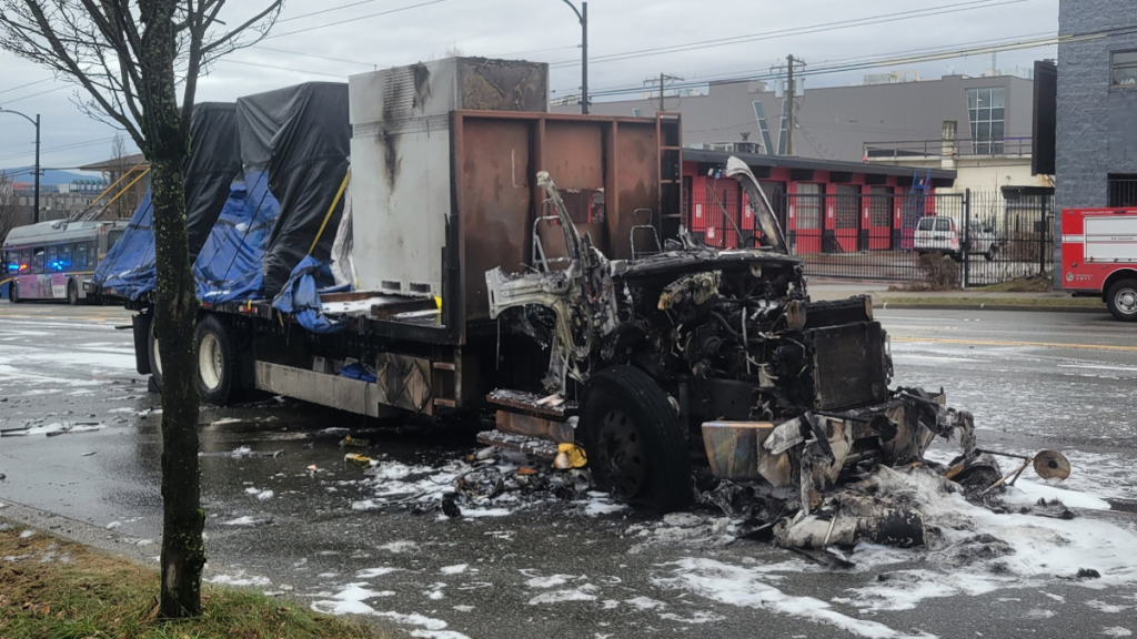 The aftermath of a semi-truck fire in East Vancouver on Jan. 26, 2024.