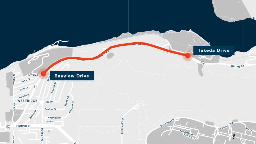 A map view of the area of Highway 7A, the Barnet Highway between Bayview Drive and Takeda Drive