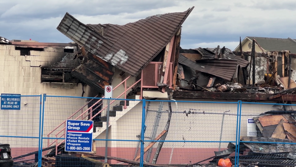 The remains of Super Grocer and Pharmacy in Richmond after a devastating fire on Jan. 26, 2024.