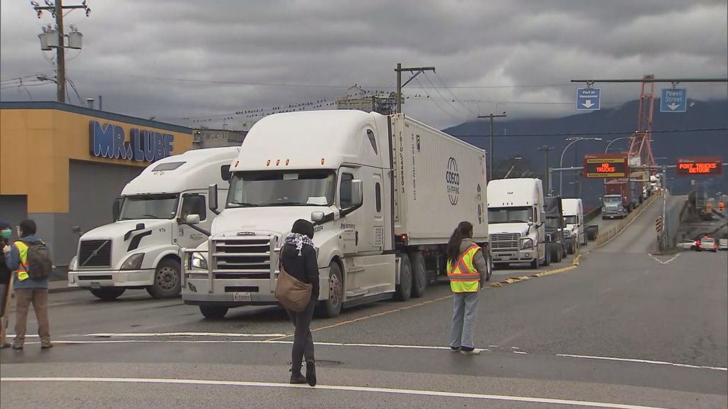 Protesters block an entrance to the Port of Vancouver