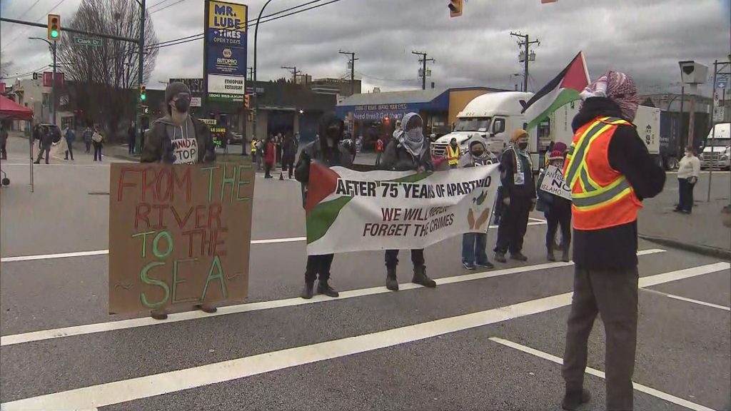 Protesters block an entrance to the Port of Vancouver