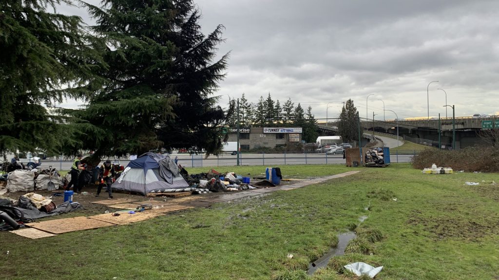 An encampment along SW Marine Drive near Oak Street in Vancouver on Feb. 1, 2024.