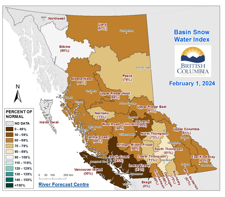 A B.C. map of the snow survey and water supply bulletin from Feb. 1, 2023