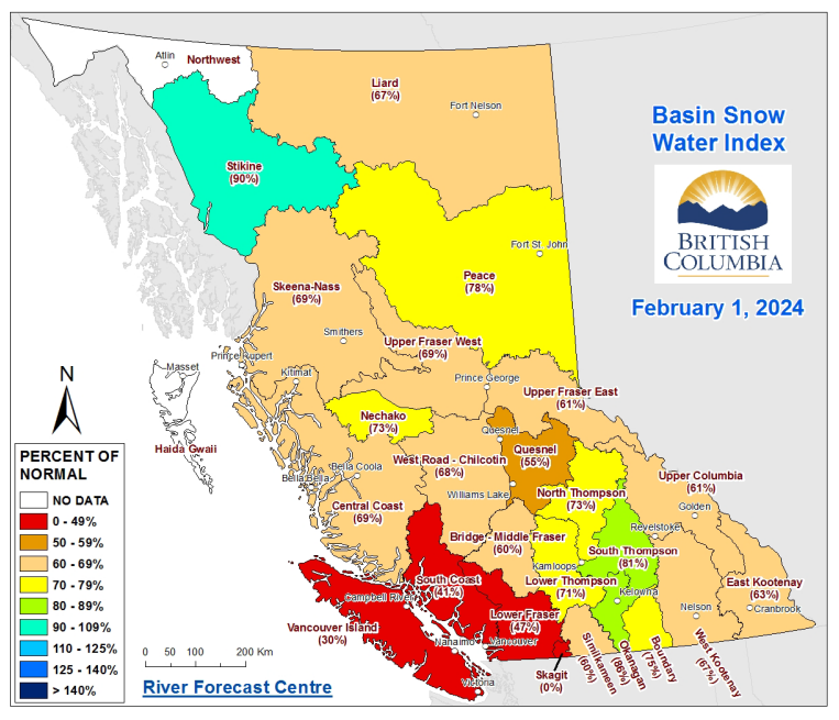 A B.C. map of the snow survey and water supply bulletin from Feb. 1, 2024.
