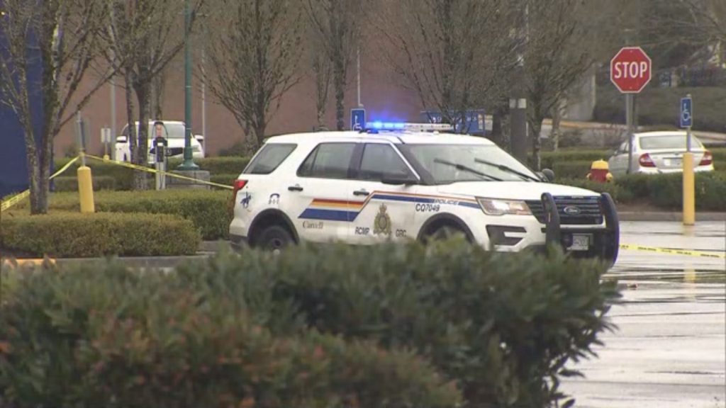 Yellow police tape is up around the Cactus Club at Coquitlam Centre Monday morning after a shooting