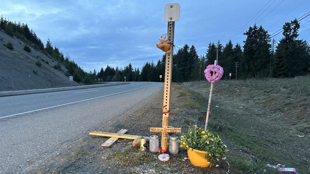 A roadside memorial is seen