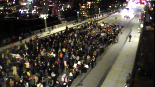 Demonstrators flood the Burrard Bridge on Feb. 12, 2024, calling for an end to the war in Gaza