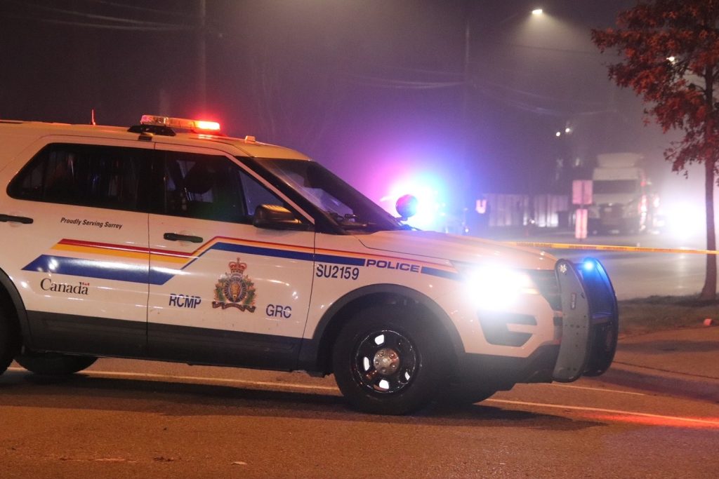 A pedestrian is in hospital after being struck by a semi-truck in Surrey Monday evening. (Credit: Shane MacKichan)
