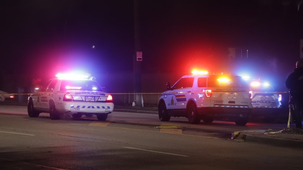 A pedestrian is in hospital after being struck by a semi-truck in Surrey Monday evening. (Credit: Shane MacKichan)