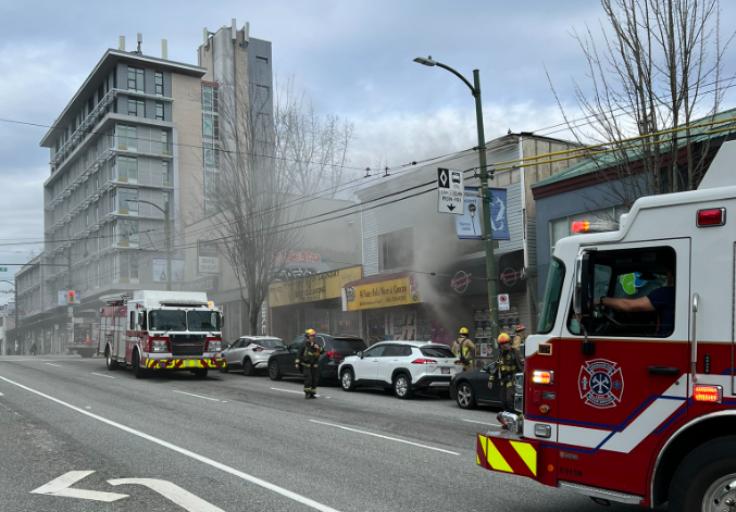 Vancouver Fire Rescue Services is on scene at a fire on Broadway Thursday. (Courtesy X / @vanfirerescue)