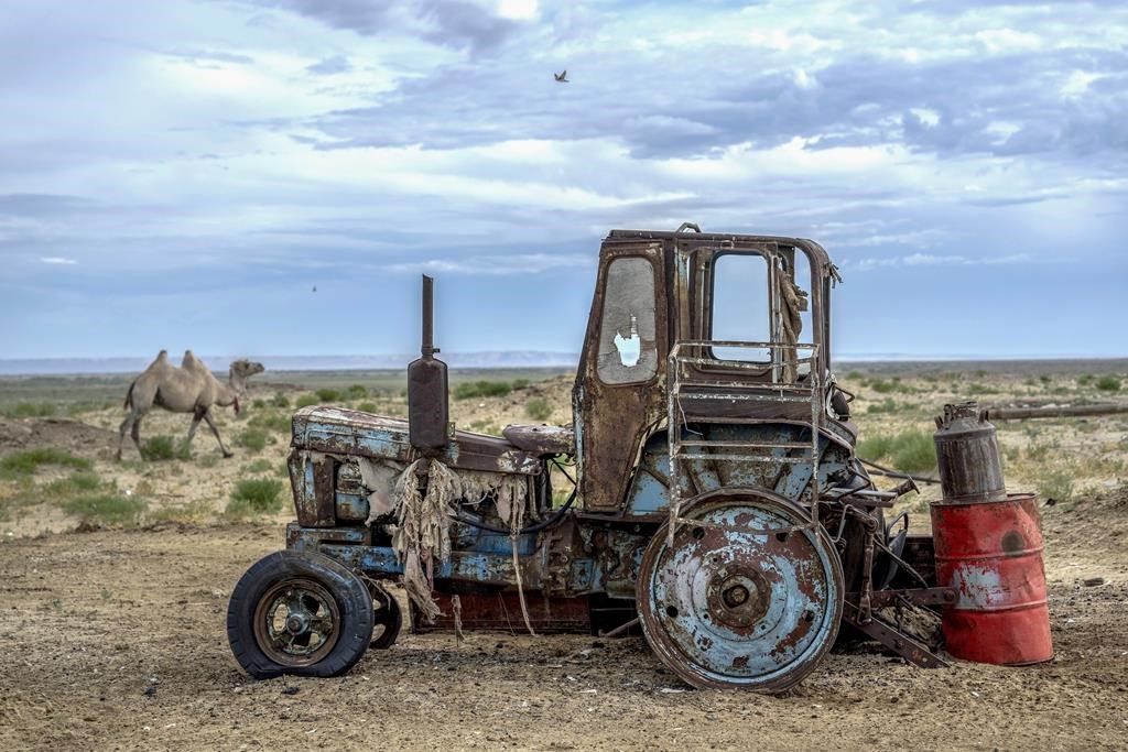 A rusted dilapidated tractor can sits along the dried-up Aral Sea, in the village of Tastubek, near Aralsk, Kazakhstan, Saturday, July 1, 2023.