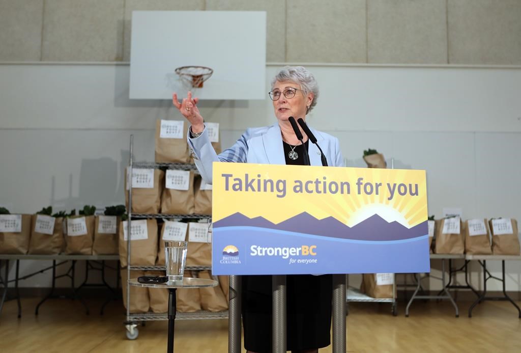 Finance Minister Katrine Conroy answers questions from reporters following a photo opportunity at the Fernwood Community Centre in Victoria, B.C., on Wednesday, February 21, 2024