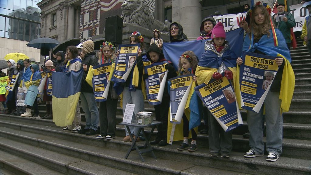 People gathered at the Vancouver Art Gallery to stand in support of Ukraine