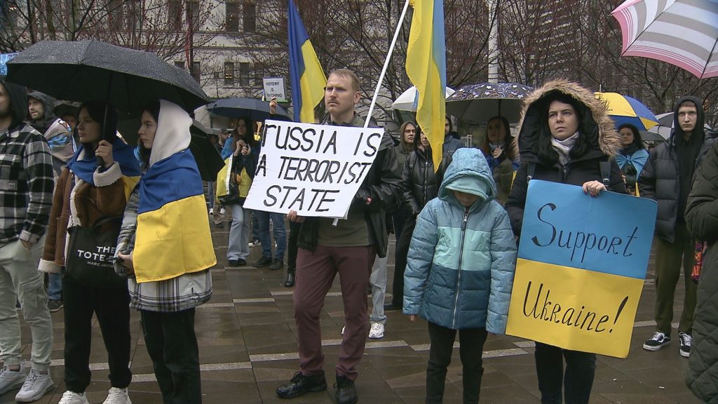 People gathered at the Vancouver Art Gallery to stand in support of Ukraine