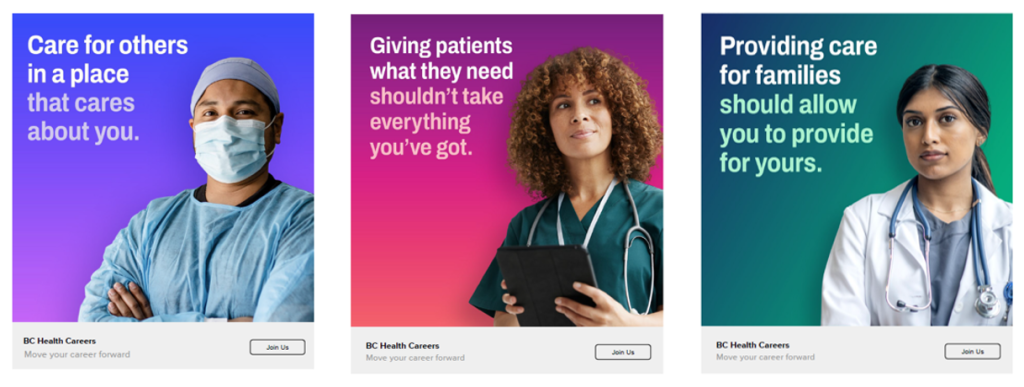 Examples of ads being run in the U.K. and Ireland encouraging doctors and nurses to come to B.C. 