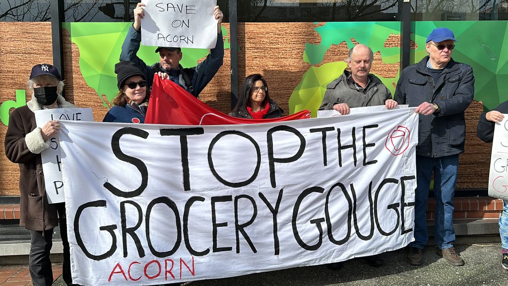 ACORN demonstrated outside Save-On-Foods Saturday at New Westminster, demanding the government to ensure "fair food prices for all."