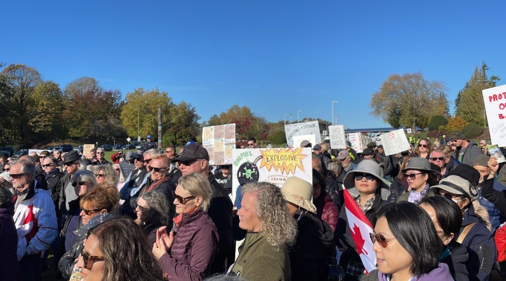 Protestors gathered at Peace Arch Park last October in opposition to a biofuel plant that is slated to be built on First Nation reserve land close to the border crossing.