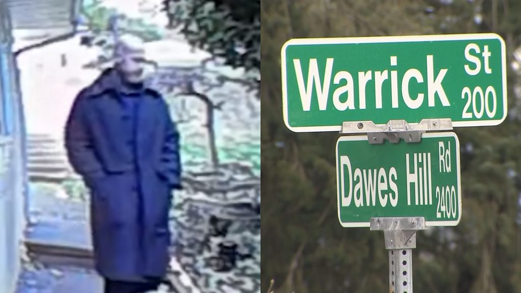 Right side: A suspect in a home invasion in Coquitlam is pictured in this surveillance footage. Left side: the intersection of Dawes Hill Road in Coquitlam.