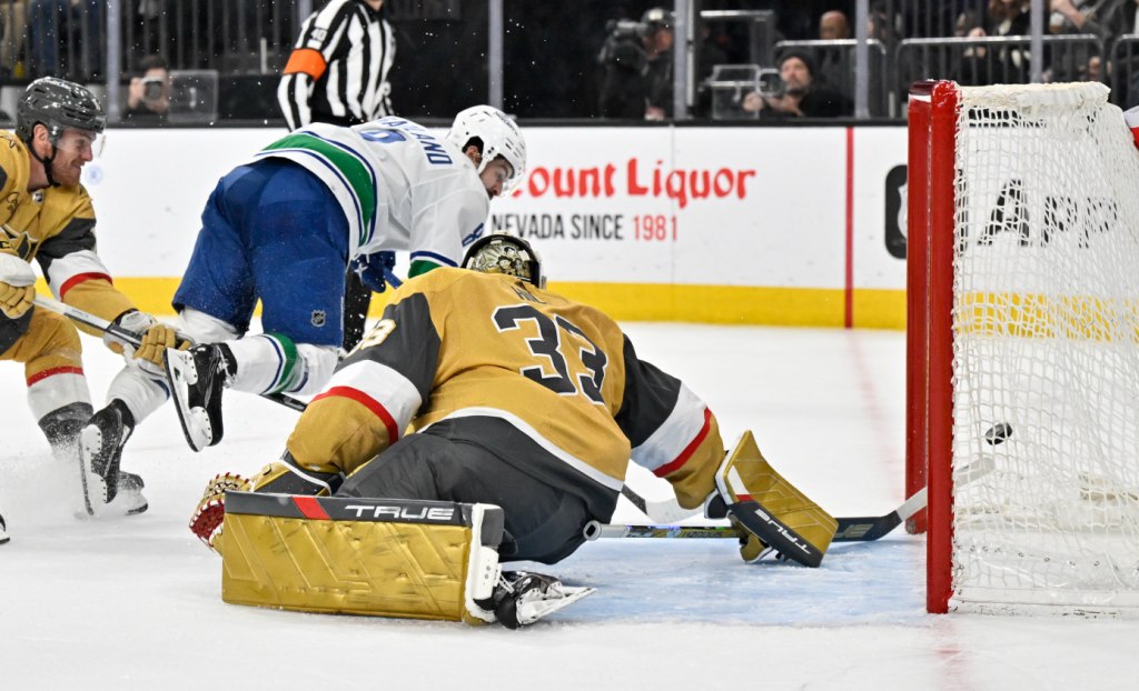 Vancouver outshot Vegas 31-17 through 40 minutes, got another excellent game from goalie Thatcher Demko and this late goal in the second from Conor Garland. (Courtesy Vancouver Canucks)