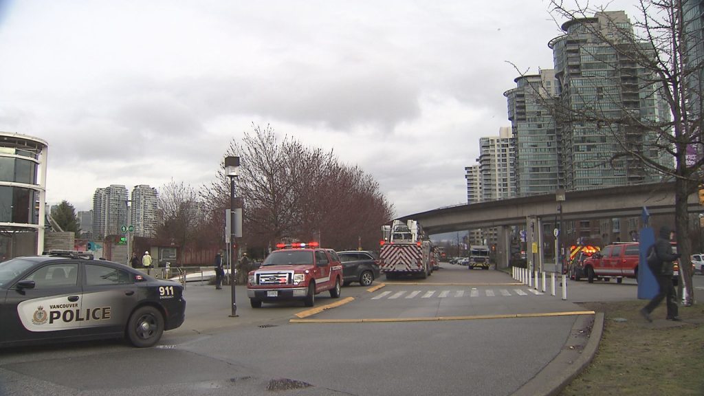 Vancouver Fire Rescue crews respond to a fire under the boardwalk at Science World