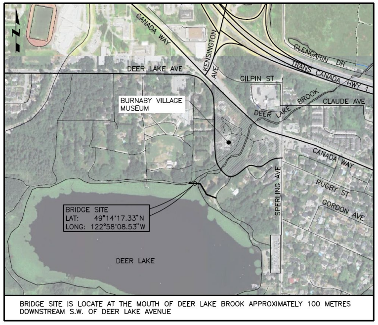 A map showing the proposed location for a new bridge to connect Deer Lake Park trail in Burnaby