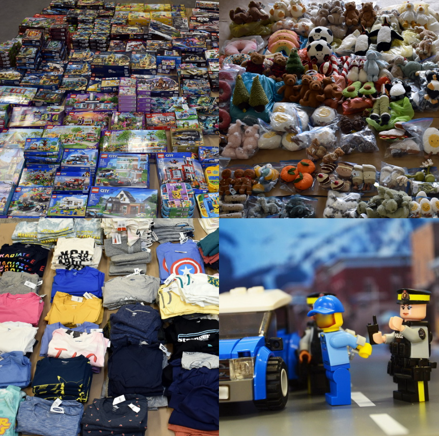 Cuatro imágenes que muestran cajas de Lego, juguetes Jellycat y ropa robados que fueron incautados por la RCMP de Richmond durante una búsqueda en una casa de Steveston en febrero de 2024.