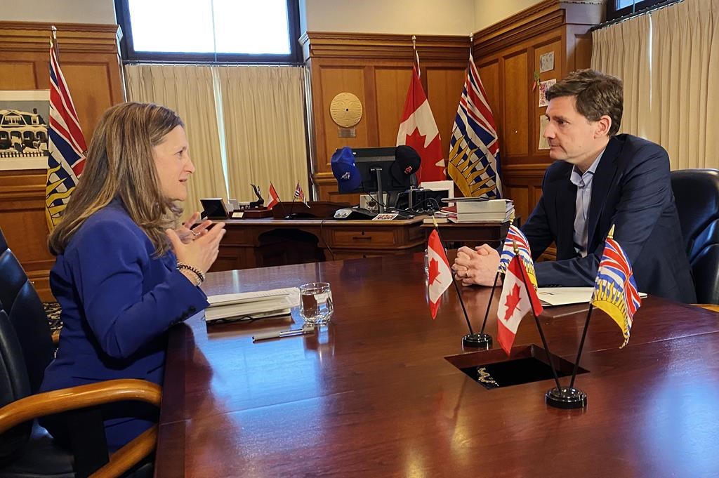 Finance Minister and Deputy Prime Minister Chrystia Freeland meets with B.C. Premier David Eby at the legislature in Victoria on Monday, March 11, 2024.