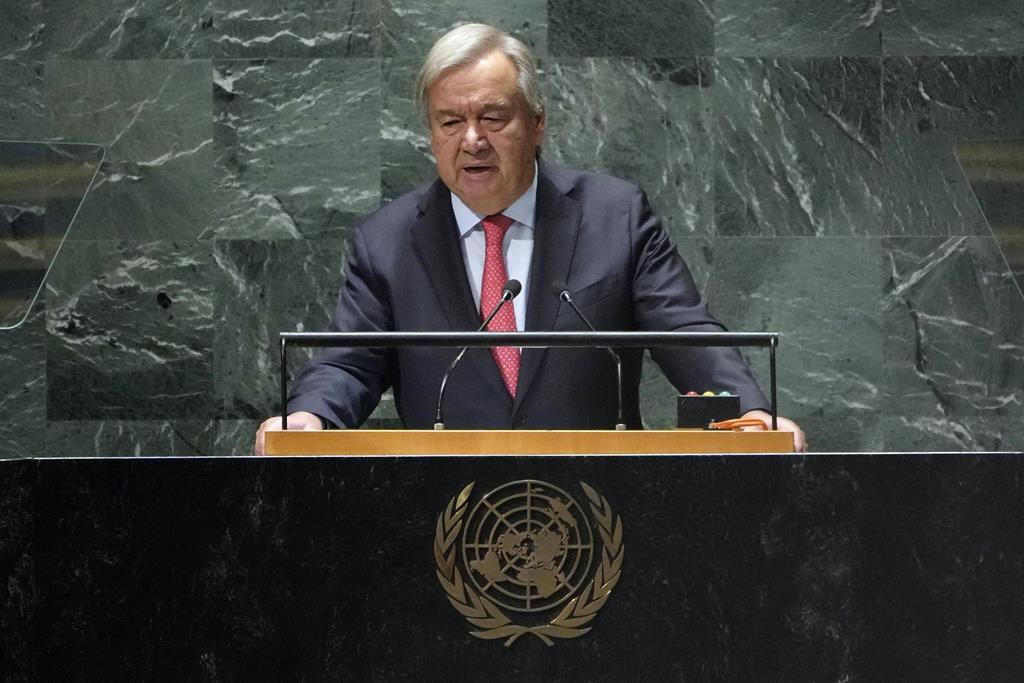 FILE - United Nations Secretary-General Antonio Guterres addresses the 78th session of the United Nations General Assembly, Sept. 19, 2023